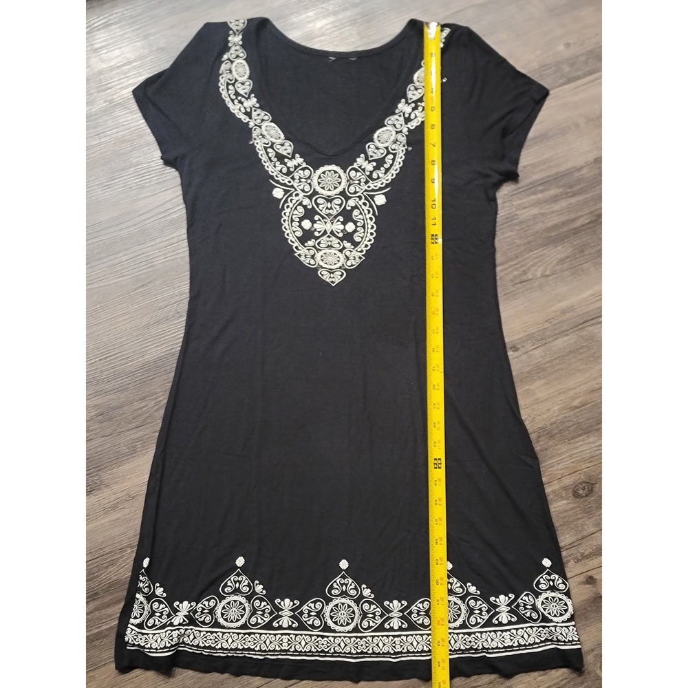 Black White Medallion Print V-Neck Short Sleeve T-Shirt Mini Dress Boho Casual - Picture 6 of 6